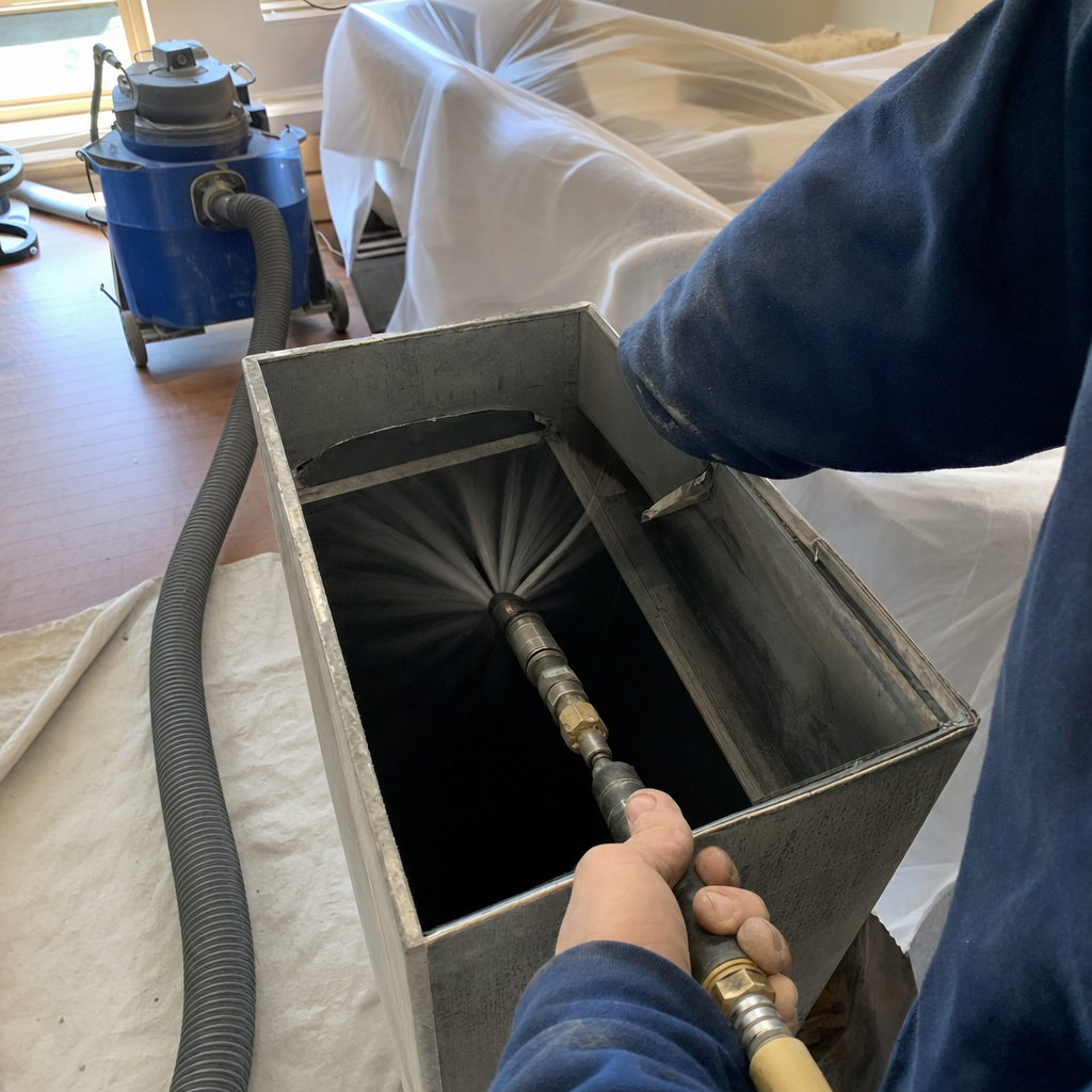 Technician using a professional air duct cleaning tool inside HVAC ductwork