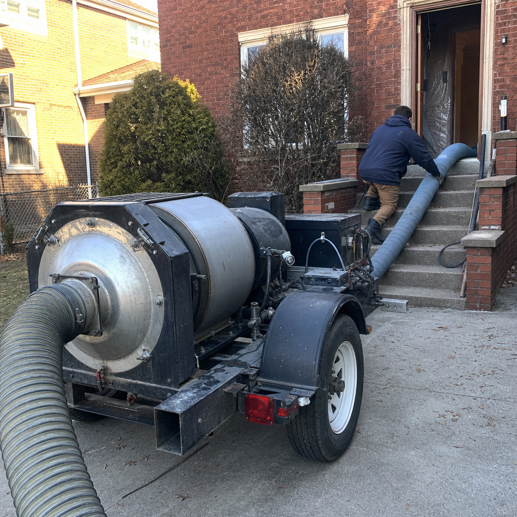 Technician using professional industrial air duct cleaning equipment at a home
