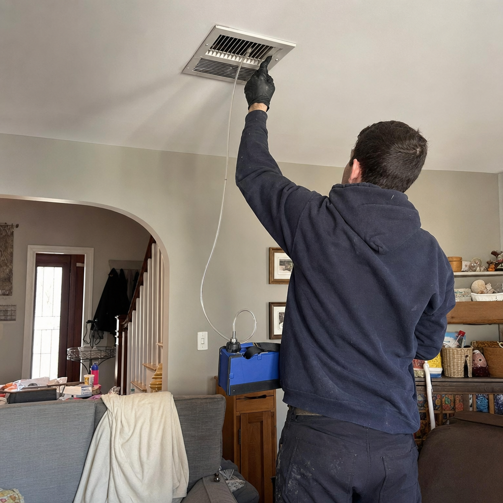 Technician performing professional residential air duct cleaning and sanitizing service