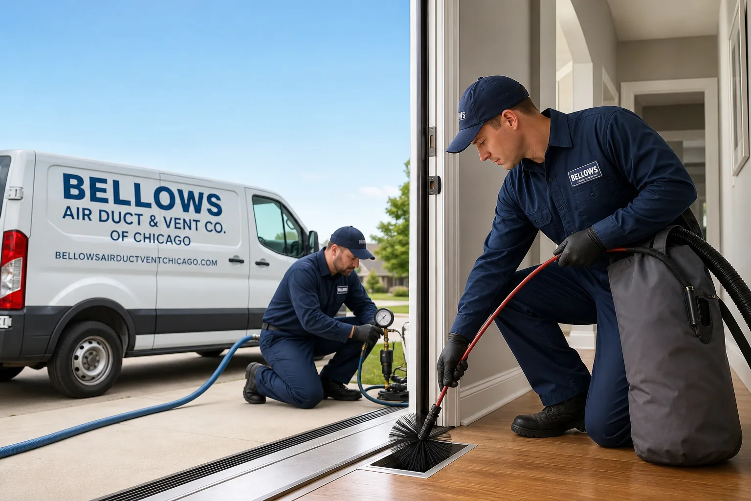 Bellows Air Duct & Vent Co. of Chicago air duct cleaning service vehicle and crew in Chicago, IL